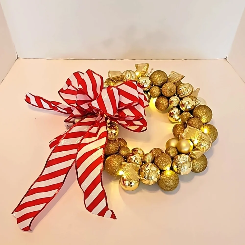 Upcycled Shatterproof Wreath Christmas Gold Ornaments Fairy Lights Handmade 14